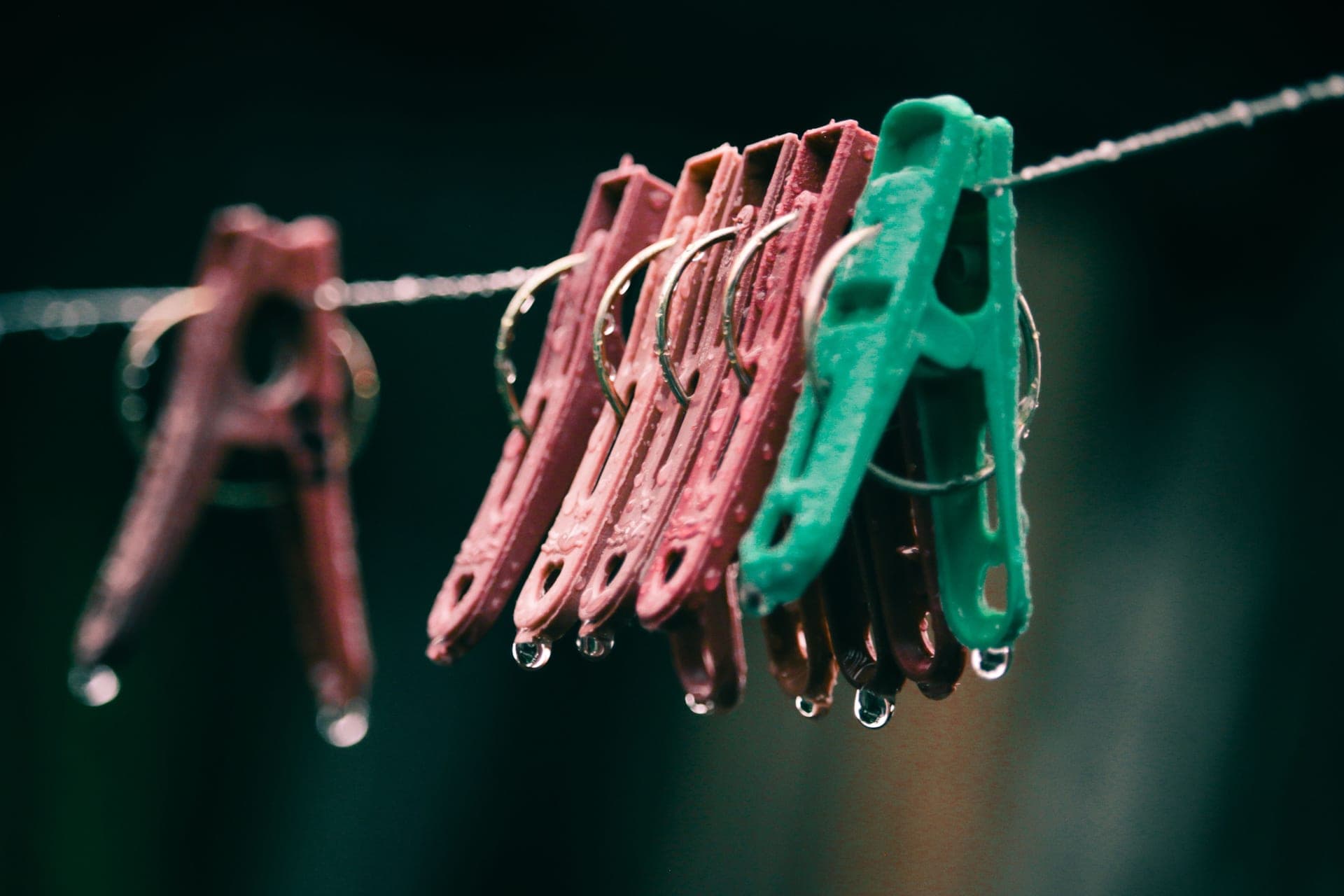 Colorful clothespins clipped to a line