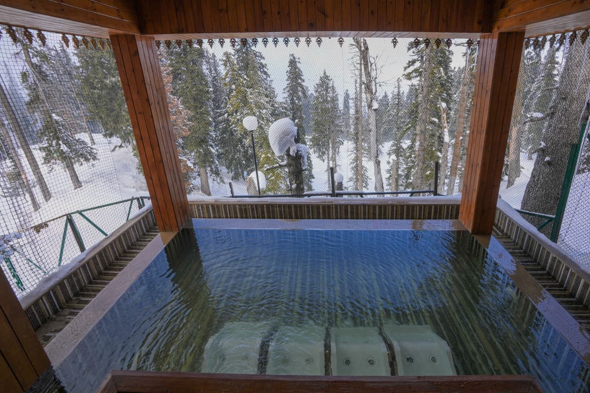 A sheltered swimming pool with snow-covered forest outside